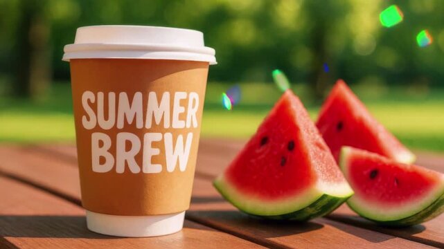 Paper cup with text SUMMER BREW and sliced watermelon on wooden table in park, refreshing seasonal drink concept