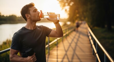 Man drinking water outdoors during golden hour sunlight exercise concept