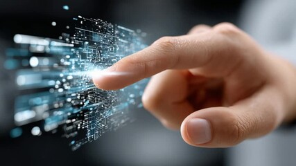 Digital Connection: A finger's touch ignites a cascade of digital data, symbolizing the interface between human interaction and the digital world, data stream and modern technology - Powered by Adobe