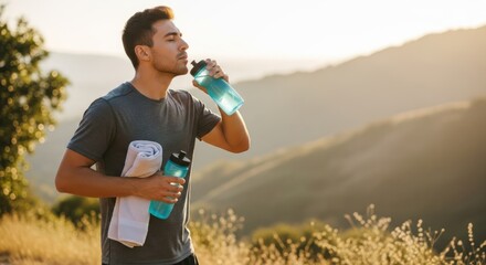 Man drinks water bottle outdoors after exercise against blurred background
