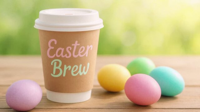 Paper cup with pastel text EASTER BREW and colorful eggs on wooden table, festive springtime coffee concept for Easter celebration