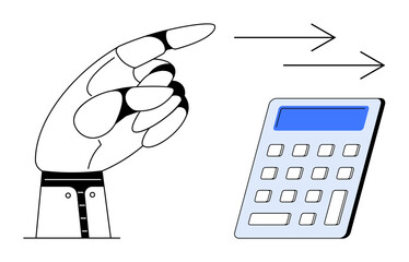 Robotic hand pointing to a calculator with directional arrows, emphasizing automation, calculations, and accuracy. Ideal for finance, technology, AI, robotics, innovation efficiency simple flat © robu_s