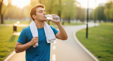 Man drinks water outdoors after workout athletic recovery hydration sunlight