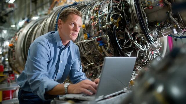Precision Engineering: A seasoned engineer meticulously monitors intricate machinery data on a laptop within a vast industrial complex.