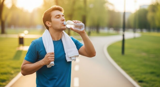 Man drinks water outdoors after workout athletic recovery hydration sunlight