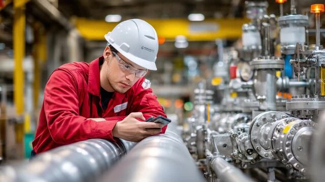 Focused Technician at Work: A diligent technician, clad in a protective hardhat and uniform, meticulously inspects machinery within an industrial plant.