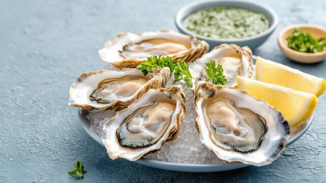 Oyster on ice with lemon wedge parsley and seafood shell sauce elegant bright plating