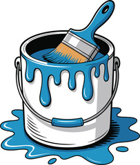 Cartoon Paint Can and Brush Illustration, Dripping Blue Color Paint Spilling, Home Improvement Renovation Design, DIY Art Vector Graphic Icon