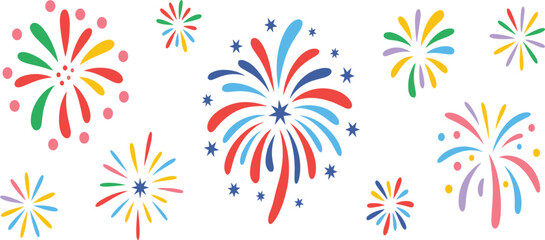 Set of Colorful Hand Drawn Fireworks Illustration, Cheerful Celebration Party Event Graphic Elements, Festive Holiday Festival Vector Clip Art Collection