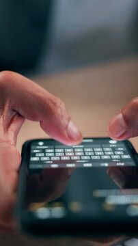 Hands, phone screen and typing at office, texting and check notification with contact at media company. Person, smartphone and communication on mobile app, ux and social network at creative agency