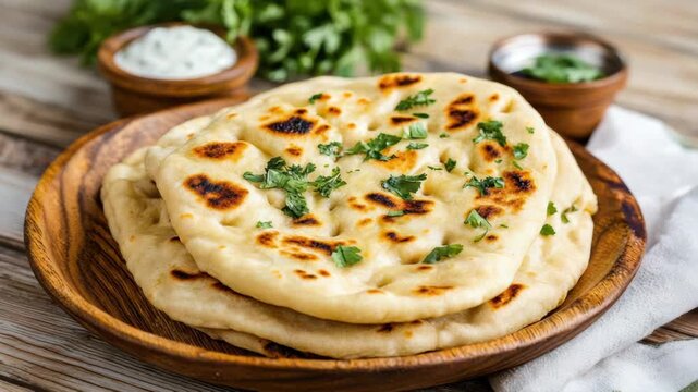 Soft naan flatbread garnished with chopped cilantro herb garnish wooden plate served with yogurt dip