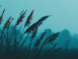 Fototapeta premium Teal color stylish nature backdrop with tall grass in a field, creating an atmospheric and serene scene for conceptual design.