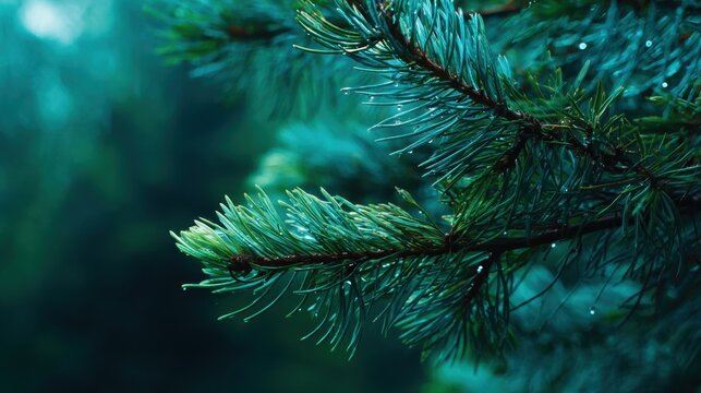 Teal colored pine branches with water droplets on needles. Natural texture background for nature concept and seasonal designs.