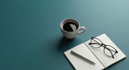 Cup of coffee next to an open notebook with a pen and glasses. Morning routine concept for productivity and creative work. Flat lay minimal.