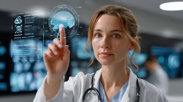 Medical Technology: A doctor pointing at holographic brain scan in a cutting-edge medical facility, symbolizing innovation in healthcare - Powered by Adobe