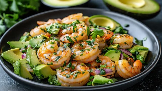 Grilled shrimp avocado cilantro red onion lime salad vibrant zesty fresh bowl