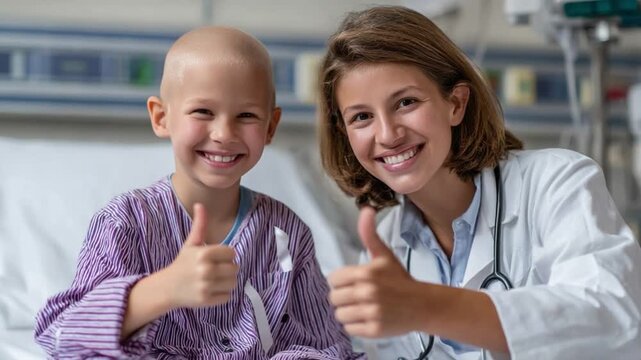 Hope and Healing: A young child, radiant with joy, gives a thumbs up alongside a supportive healthcare professional in a hospital setting, illustrating resilience and optimism. 