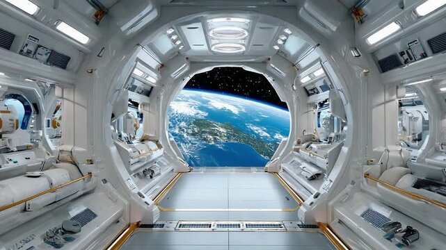 Celestial Sanctuary: Inside a modern spaceship, the Earth gleams in the vastness of space. Clean design and an open hatch frame a view of home, blending exploration with the wonder of the cosmos.