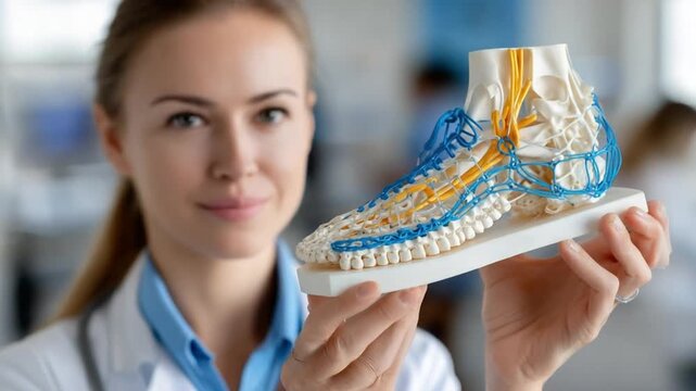 Anatomy Model with Expert: An astute doctor or medical professional presents a detailed anatomical model of a human foot, showcasing the intricate structure of the bones, tendons, and blood vessels.
