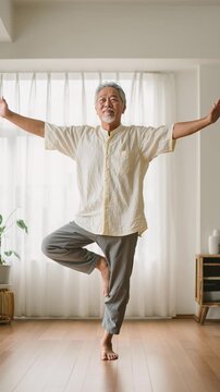 Serene Practice: Capturing an aged individual gracefully balancing during a yoga session within the comforting interior, radiating peace and mindfulness.