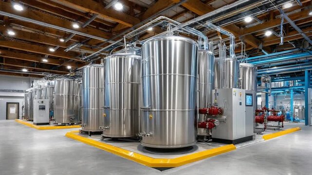 Industrial Marvel: A contemporary industrial plant houses a series of gleaming, metallic storage tanks, reflecting the precision and technological sophistication of modern manufacturing processes.