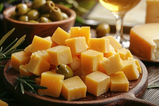 Variety of cheese cubes on serving platter with complementary olives and wine glass, highlighting texture and color. Suitable for wine tasting events, hospitality campaigns and culinary guides