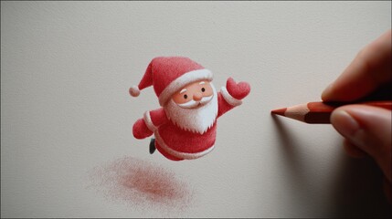 A hand drawing a joyful Santa Claus figure with a red colored pencil.