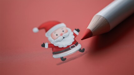 A hand drawing a joyful Santa Claus figure with a red colored pencil.
