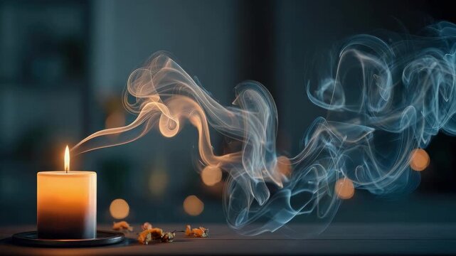 A lone candle burns on a dark table, its flame flickering as wispy blue smoke curls upward.