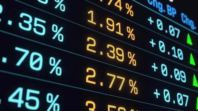Close up screen with rising government bond yields, interest rates. Table with market data, investment opportunities, financial markets, trading, debt, analysis. 3D animation