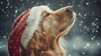 A golden retriever happily panting while wearing a Santa hat, enjoying the gently falling snow.	
