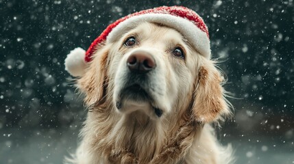 A golden retriever happily panting while wearing a Santa hat, enjoying the gently falling snow.	