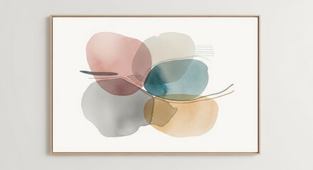Watercolor painting with abstract shapes in a light wood colored frame