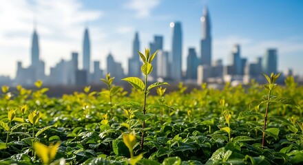 Young green plants thrive in an urban environment with a blurred city skyline backdrop on a bright clear day