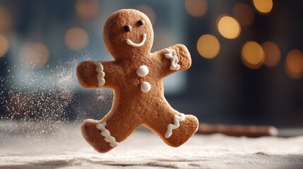 A gingerbread man cookie magically animated and suspended mid-dance on a sugar-dusted surface.