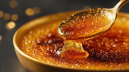 Hyper-realistic macro slow-motion video captures a golden spoon scooping rich, amber liquid from a caramelized sugar surface with a brittle, honeycomb texture.