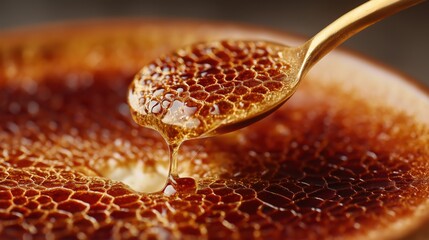 Hyper-realistic macro slow-motion video captures a golden spoon scooping rich, amber liquid from a caramelized sugar surface with a brittle, honeycomb texture.