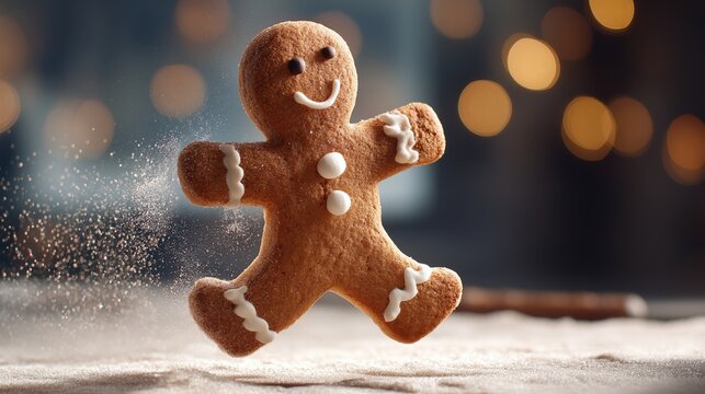 A gingerbread man cookie magically animated and suspended mid-dance on a sugar-dusted surface.