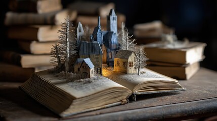 Miniature, snow-covered winter village with warm, glowing windows emerging from the pages of an open book.