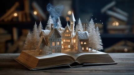 Miniature, snow-covered winter village with warm, glowing windows emerging from the pages of an open book.