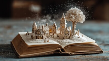 Miniature, snow-covered winter village with warm, glowing windows emerging from the pages of an open book.