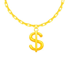 Gold chain with a dollar pendant, chain with dollar symbol. Jewelry dollar on chain necklace.