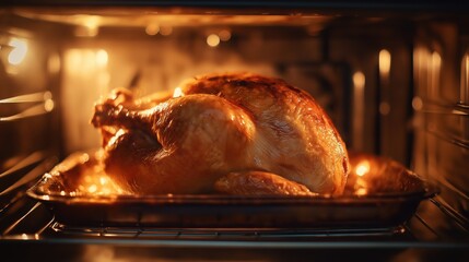 Close-up of a golden-brown roasted turkey or chicken, sizzling on a baking tray inside a brightly lit oven, evokes warmth, family gatherings, holidays, and delicious homemade comfort food.