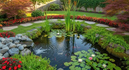 Serene backyard pond with water lilies, waterfall, and lush landscaping