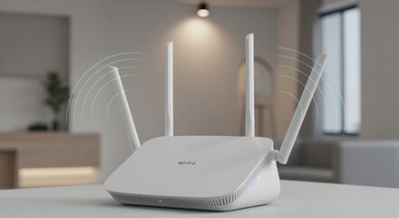 White Wi-Fi 6 router with antennas and signal waves on table. Wireless internet connection device in modern home living room. High speed network technology concept