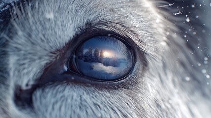 Close up to the eye of a reindeer (or arctic animal), where the cornea brilliantly reflects a miniature snowy forest at sunset.