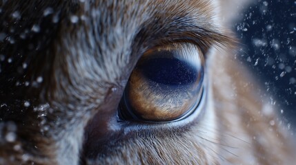 Macro photograph captures the intense, amber eye of a deer or reindeer, framed by soft fur and falling snow