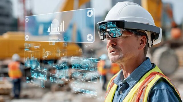 Vision of the Future: An engineer with a high-tech augmented reality device, assessing complex data in a modern construction environment, epitomizing the evolution of engineering.