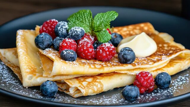 French crepe stack folded thin with butter, blueberry and raspberry layers, powdered sugar and mint
