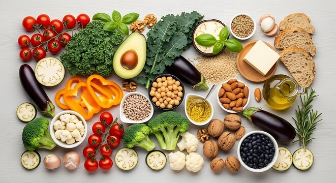 A vibrant assortment of fresh, healthy vegetables and nuts arranged artfully on a light grey surface.